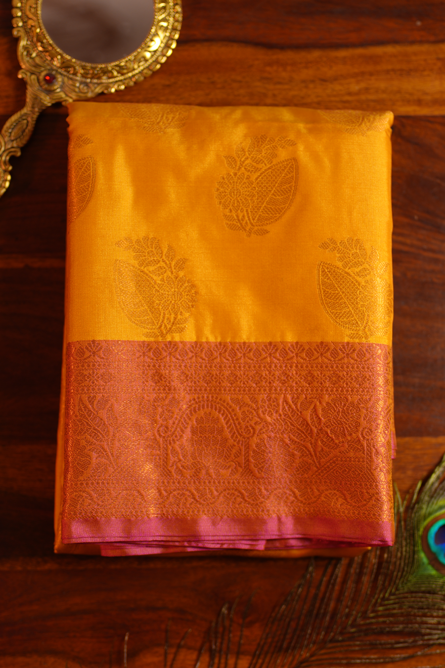 Mustard Yellow Katan Silk Banarasi Saree — Katan Silk