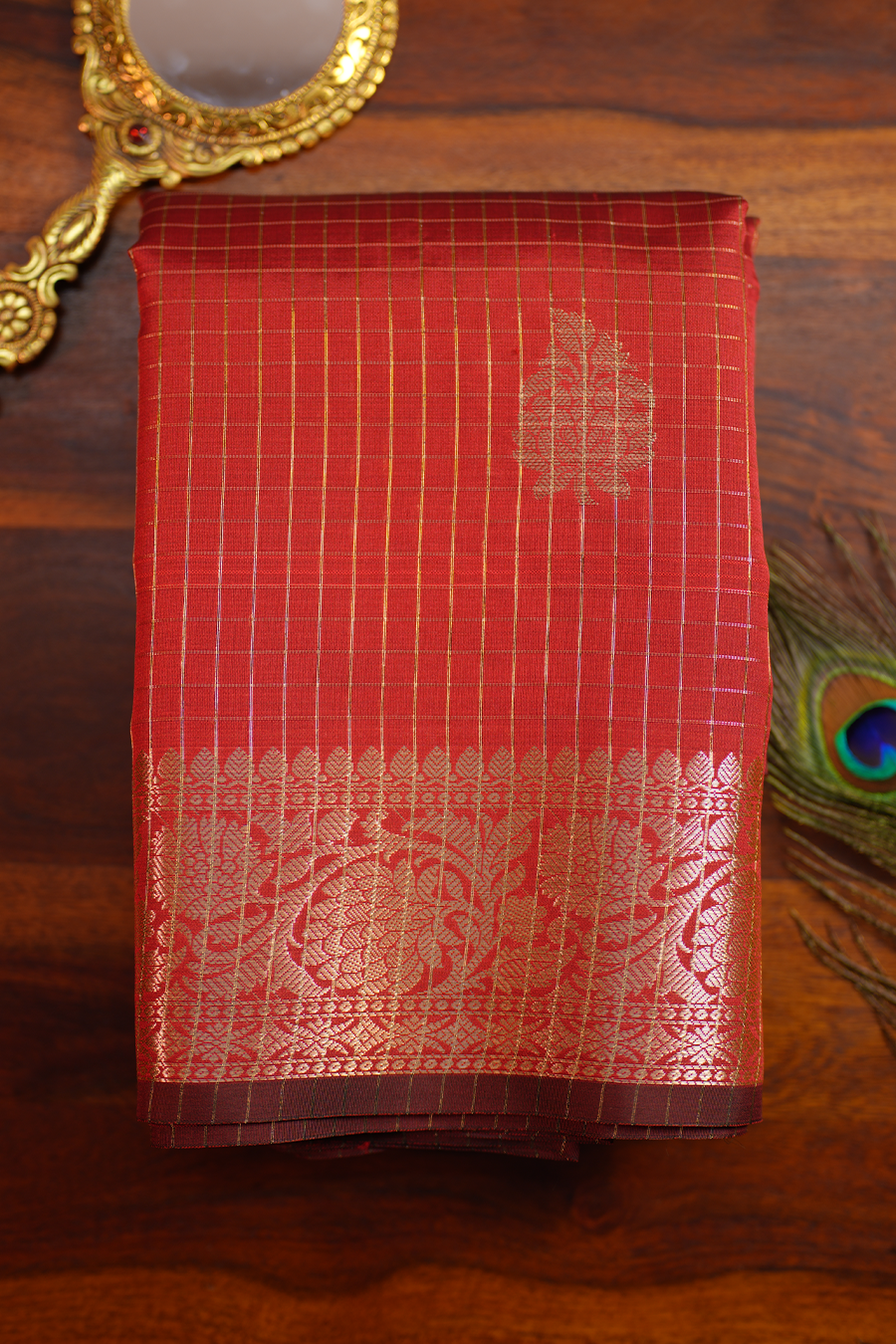 Red Checks Chiniya Silk Banarasi Saree — Chiniya Silk