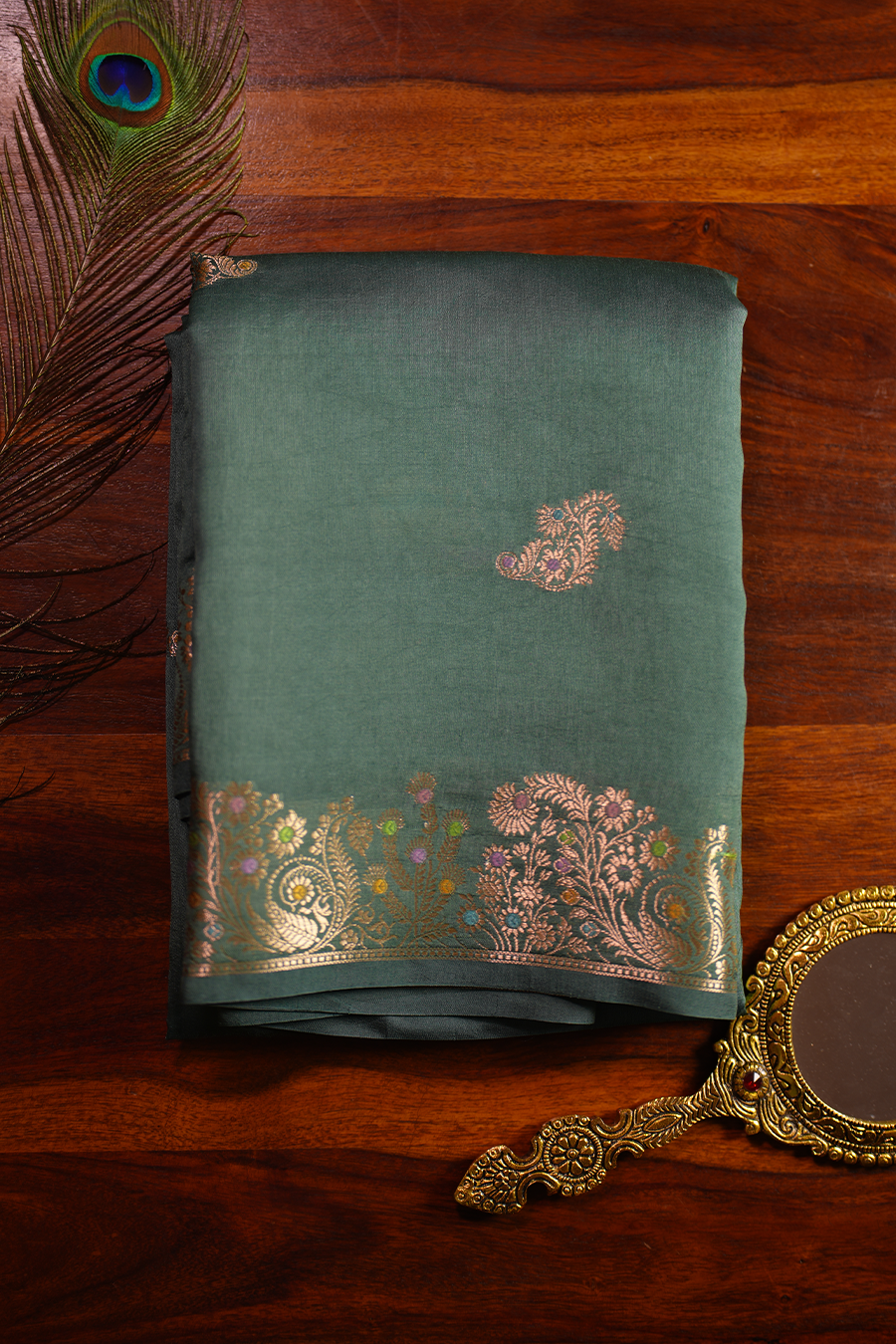 Deep Teal Green Chiniya Silk Saree