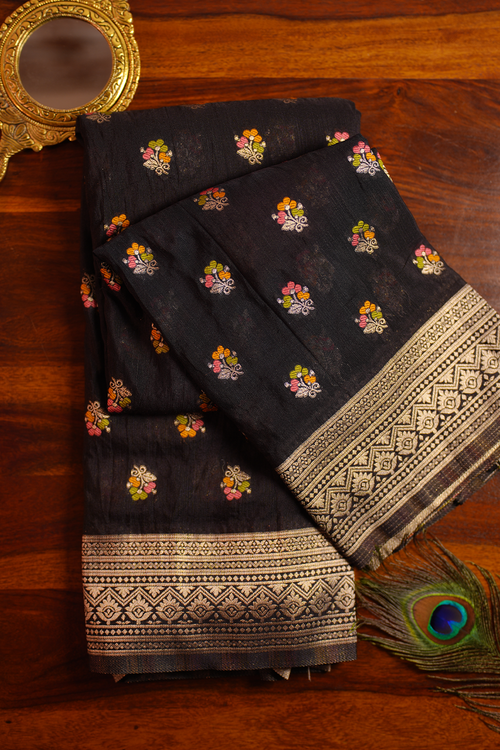 Black Floral Butta Chiniya Silk Saree — Chiniya Silk