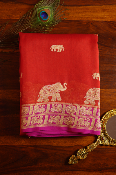 Classic Red Pure Organza Silk Saree — Pure Organza Silk, handwoven, Silk Mark certified