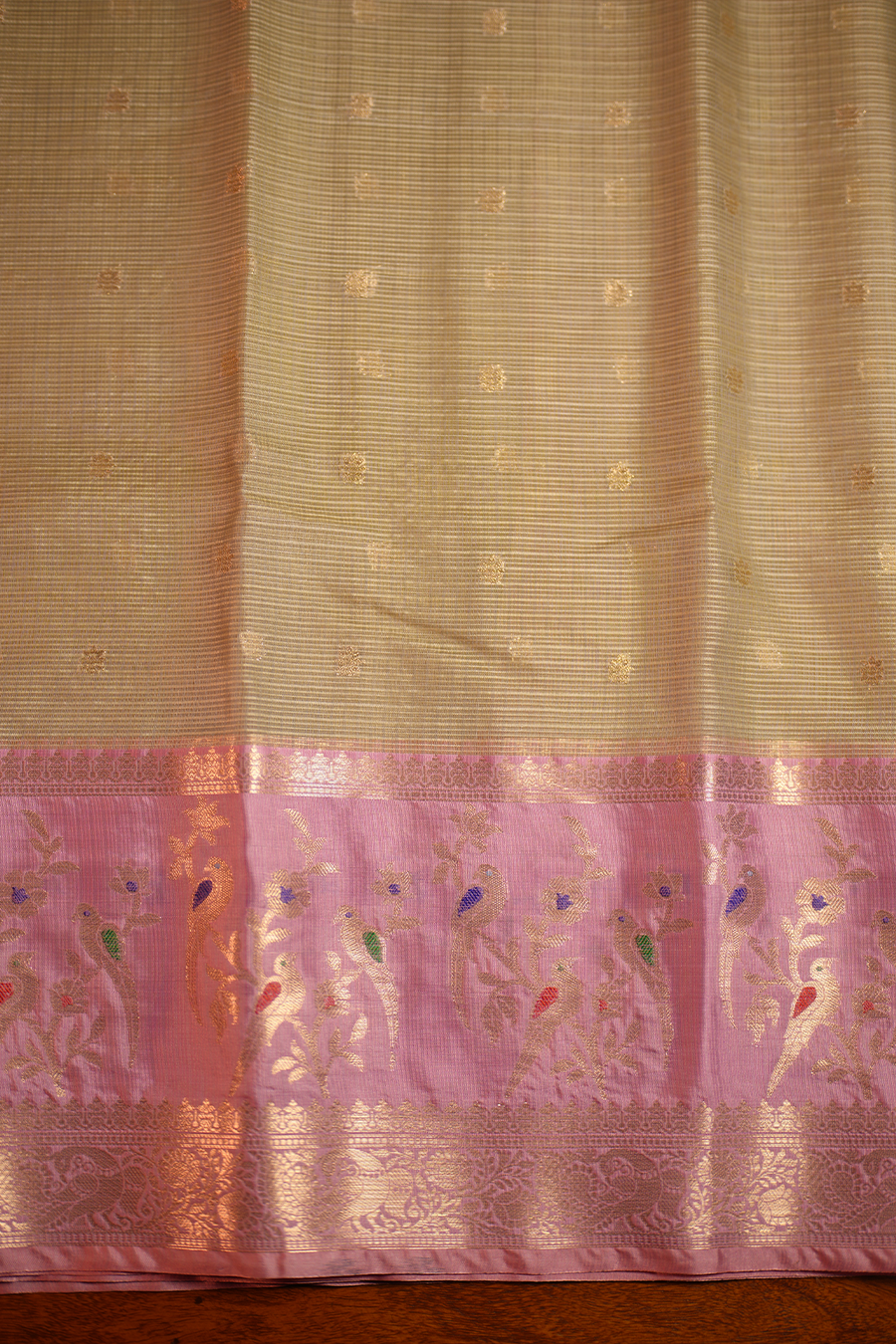 Pista Green Manipuri Kota Saree - Birds & Flowers — view 2