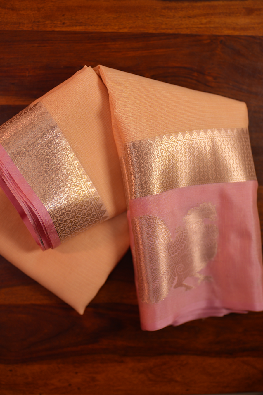 Peach Orange Manipuri Kota Saree – Peacock Motif — view 2