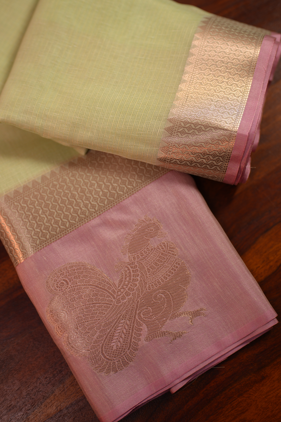 Pista Green Manipuri Kota Saree – Peacock Motif — view 2