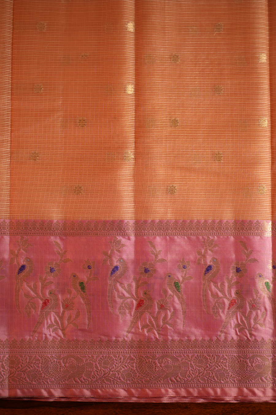 Peach Orange Manipuri Kota Saree - Birds & Flowers — view 2