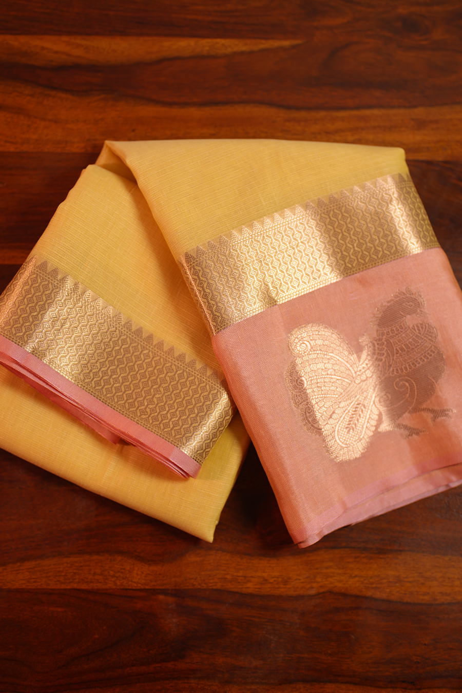 Yellow Manipuri Kota Saree – Peacock Motif — view 2