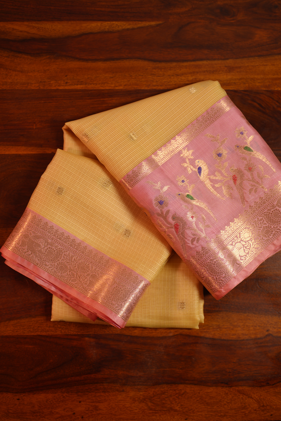 Yellow Manipuri Kota Saree – Birds & Flowers — view 2