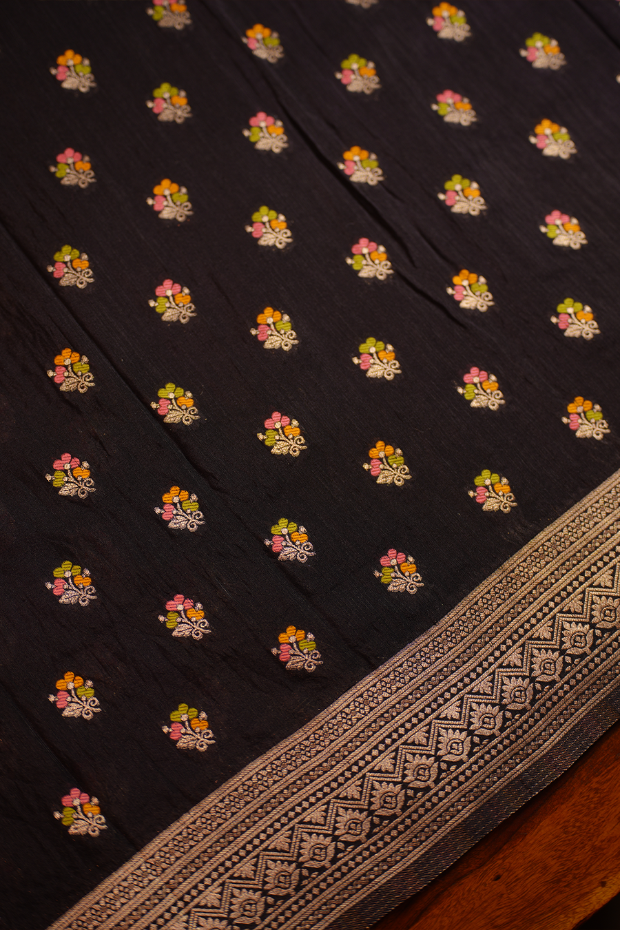 Black Floral Butta Chiniya Silk Saree — view 2