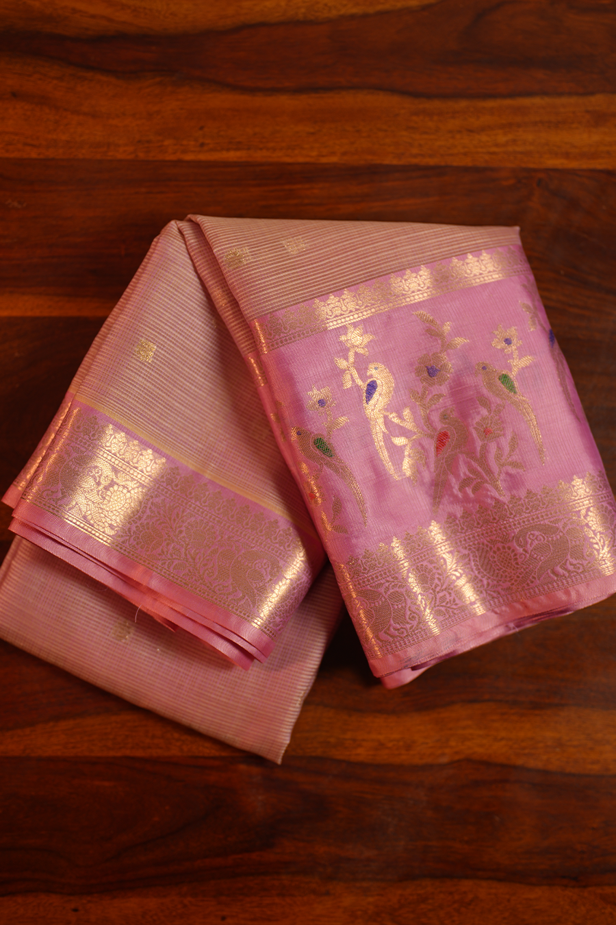 Pink Manipuri Kota Saree – Birds & Flowers — view 2