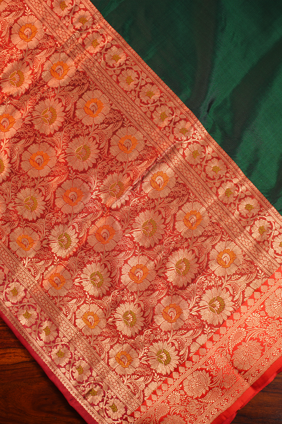 Emerald Green Pure Katan Silk Banarasi Saree — view 2