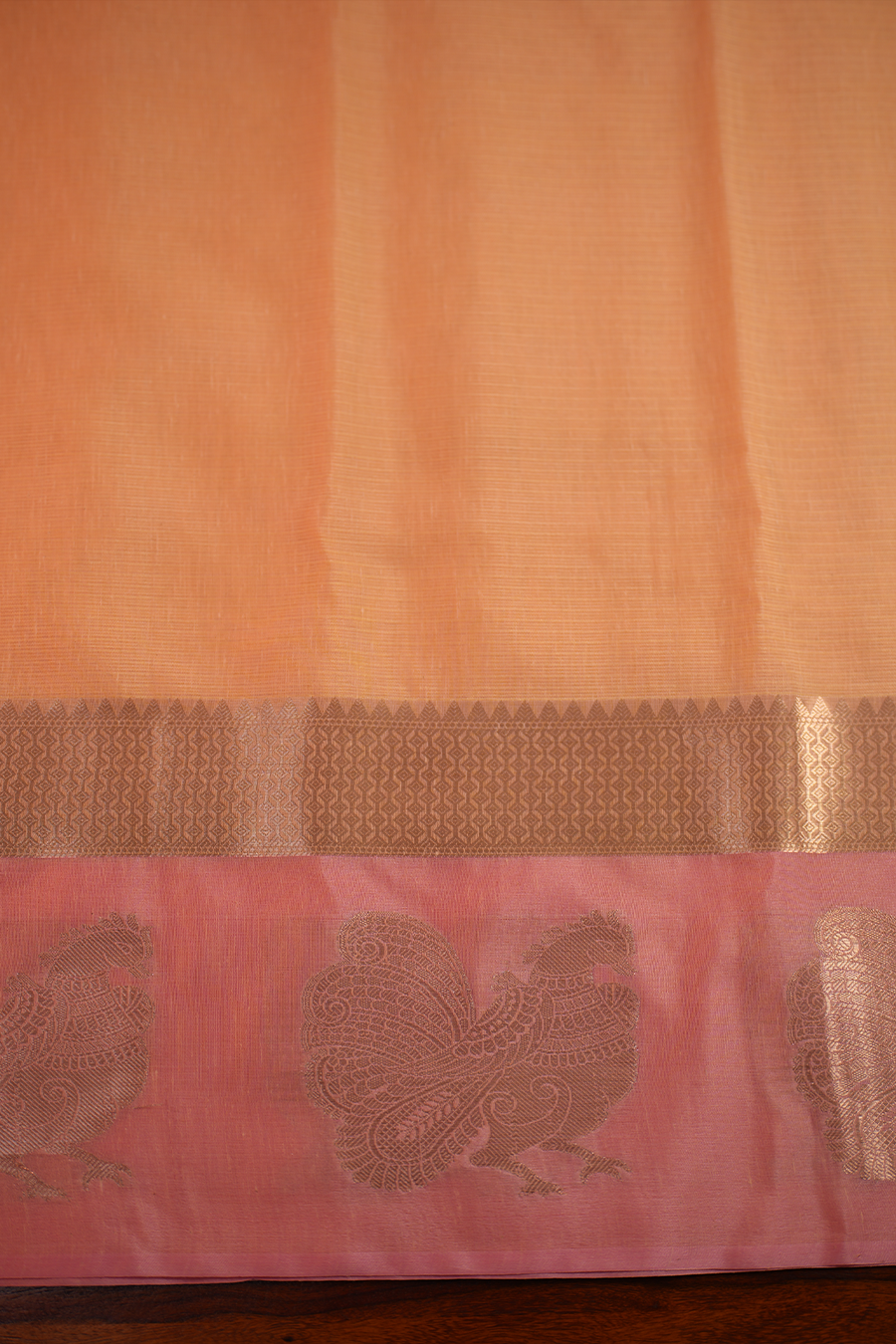 Peach Orange Manipuri Kota Saree – Peacock Motif — view 3