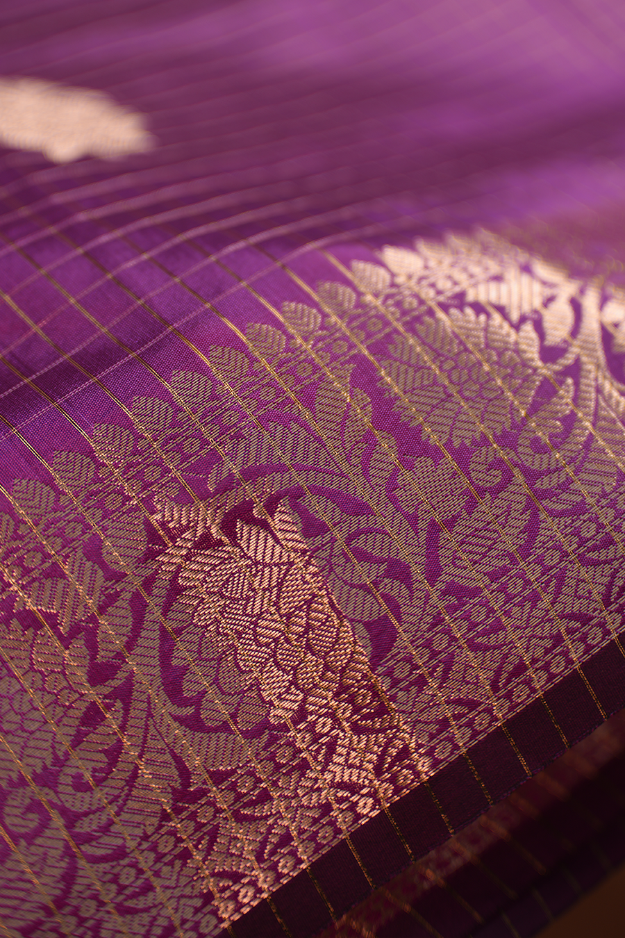 Purple Checks Chiniya Silk Banarasi Saree — view 4