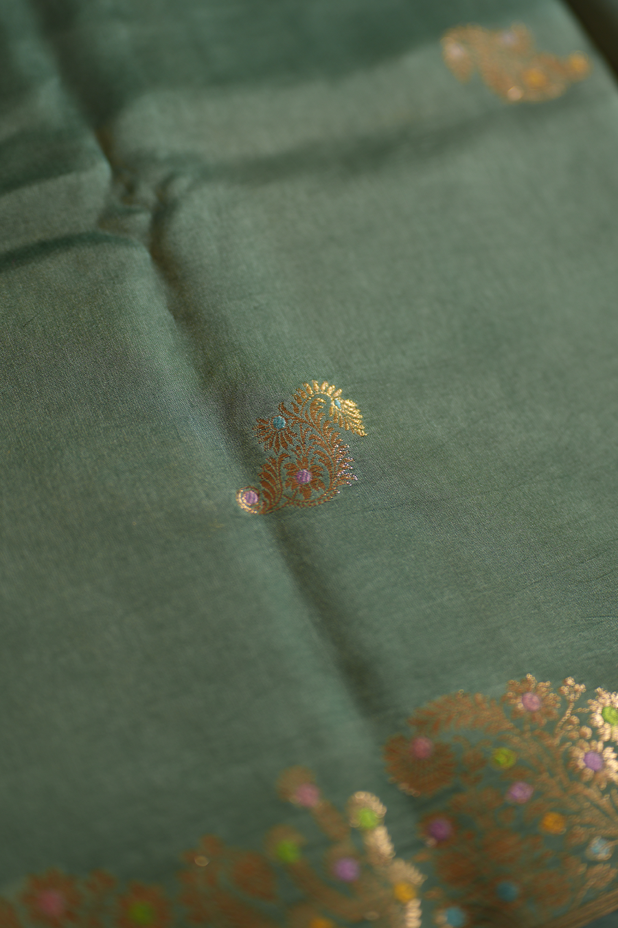 Deep Teal Green Chiniya Silk Saree