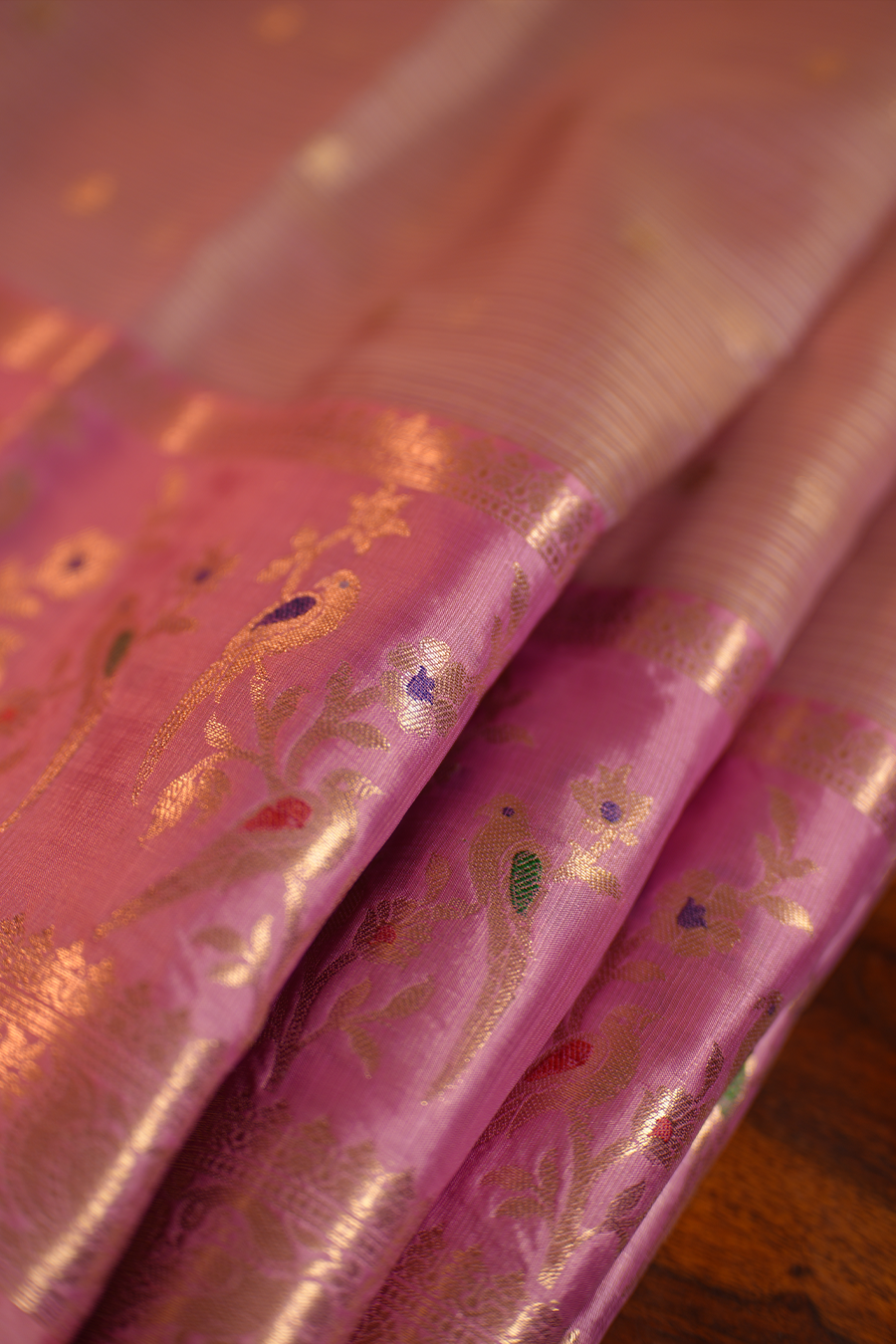 Pink Manipuri Kota Saree – Birds & Flowers — view 3
