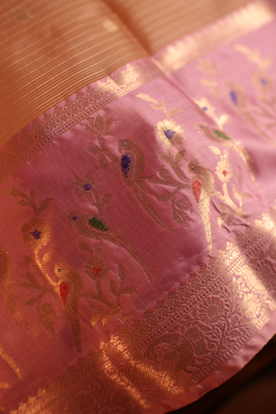 Peach Orange Manipuri Kota Saree - Birds & Flowers — view 3