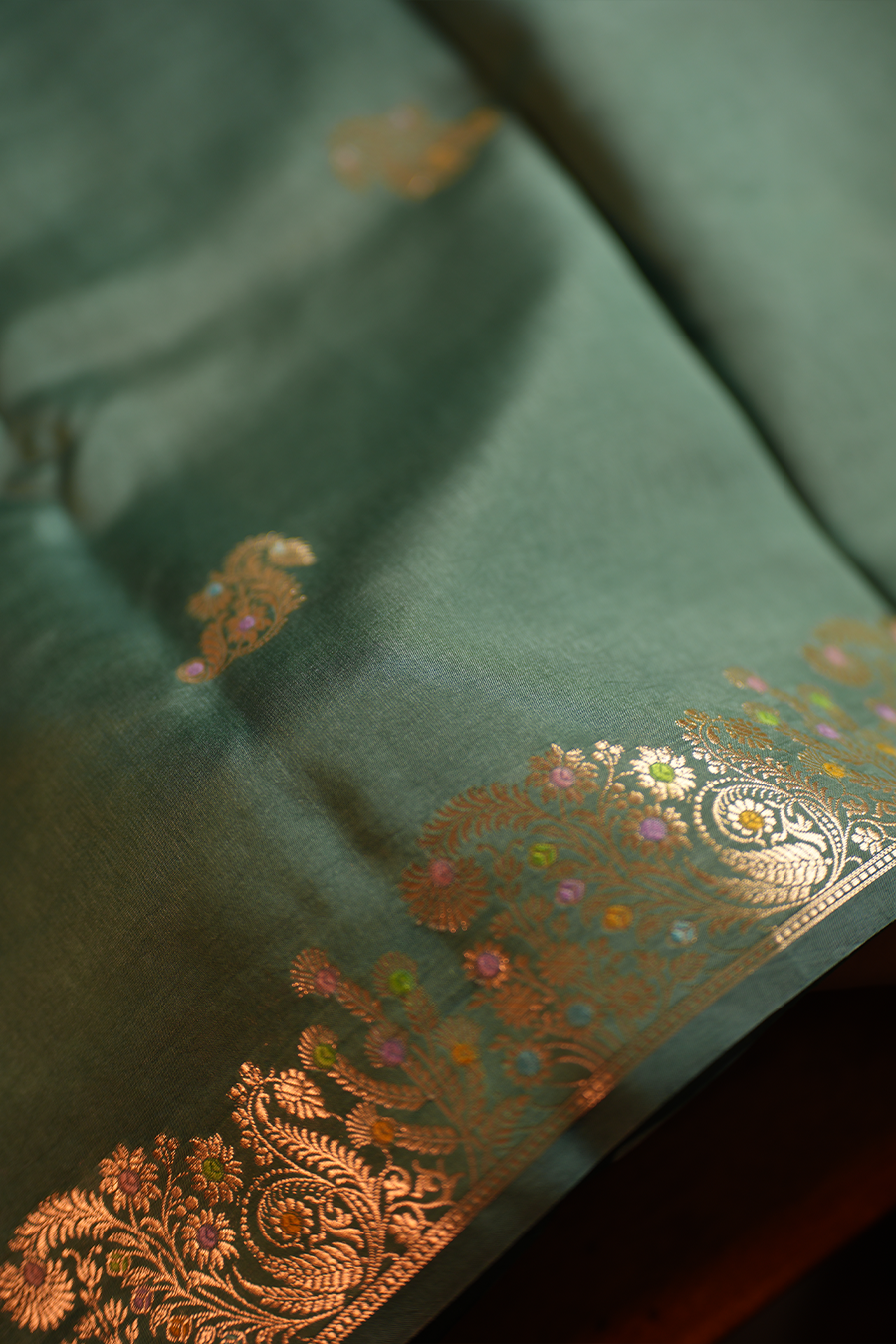 Deep Teal Green Chiniya Silk Saree