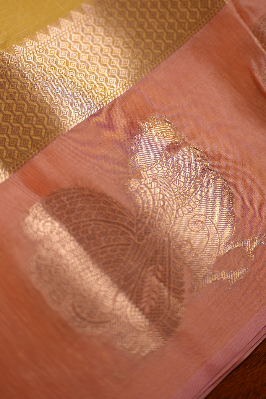 Yellow Manipuri Kota Saree – Peacock Motif — view 4