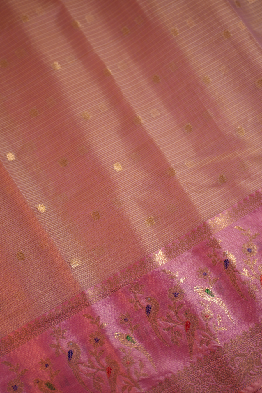 Pink Manipuri Kota Saree – Birds & Flowers — view 4