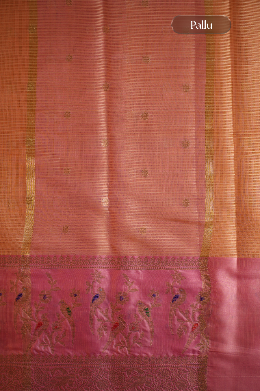 Peach Orange Manipuri Kota Saree - Birds & Flowers — view 5