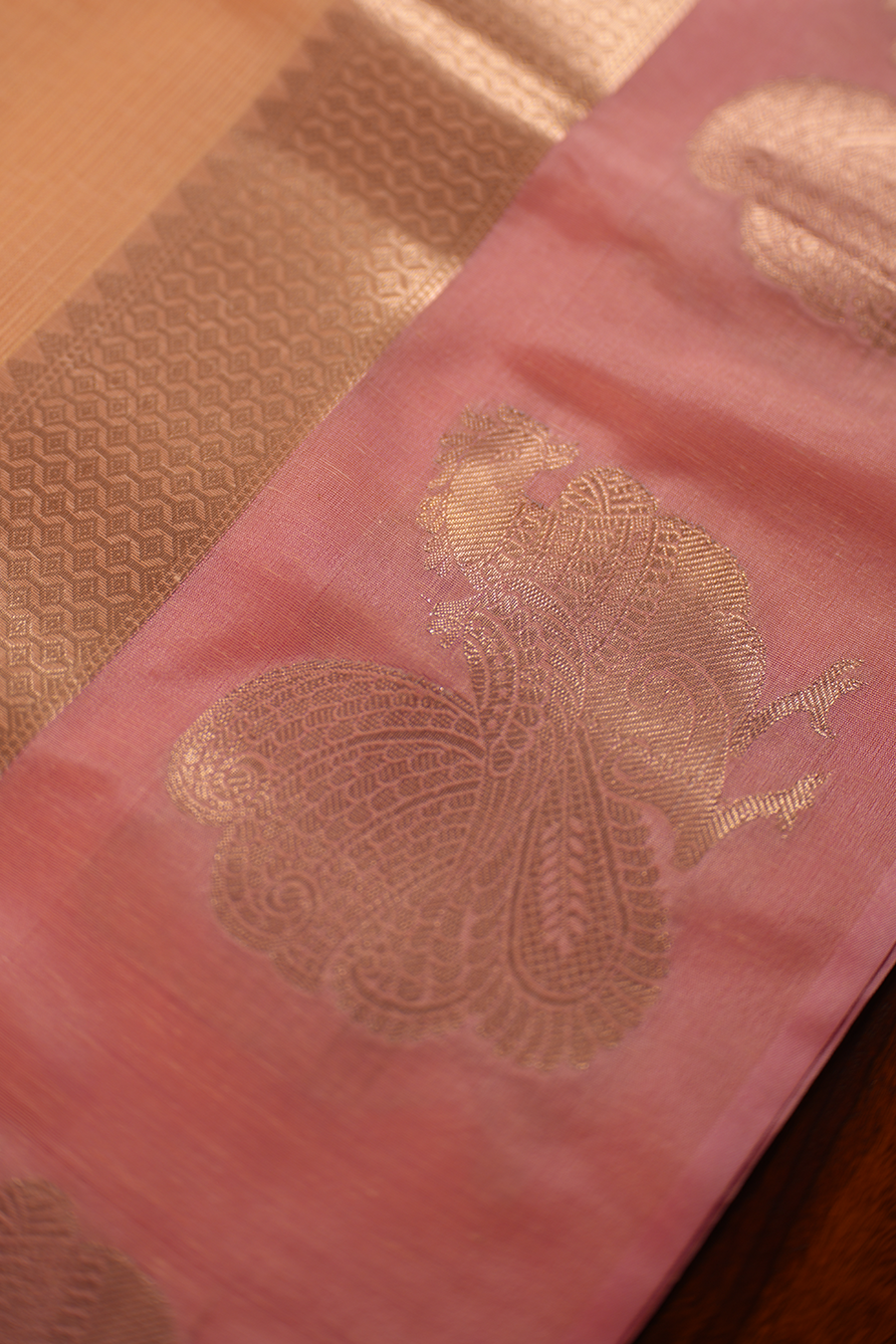Peach Orange Manipuri Kota Saree – Peacock Motif — view 5