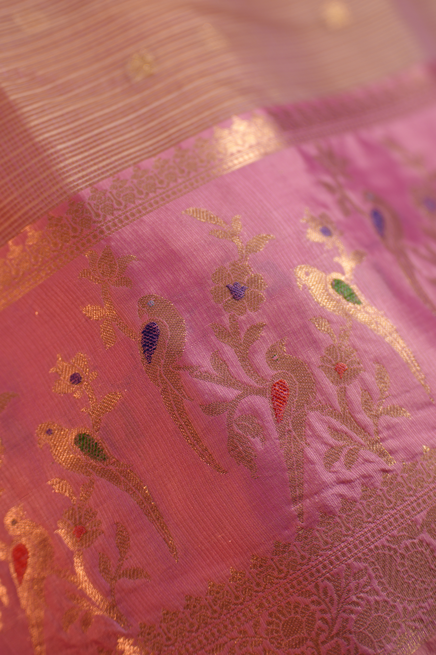 Pink Manipuri Kota Saree – Birds & Flowers — view 5