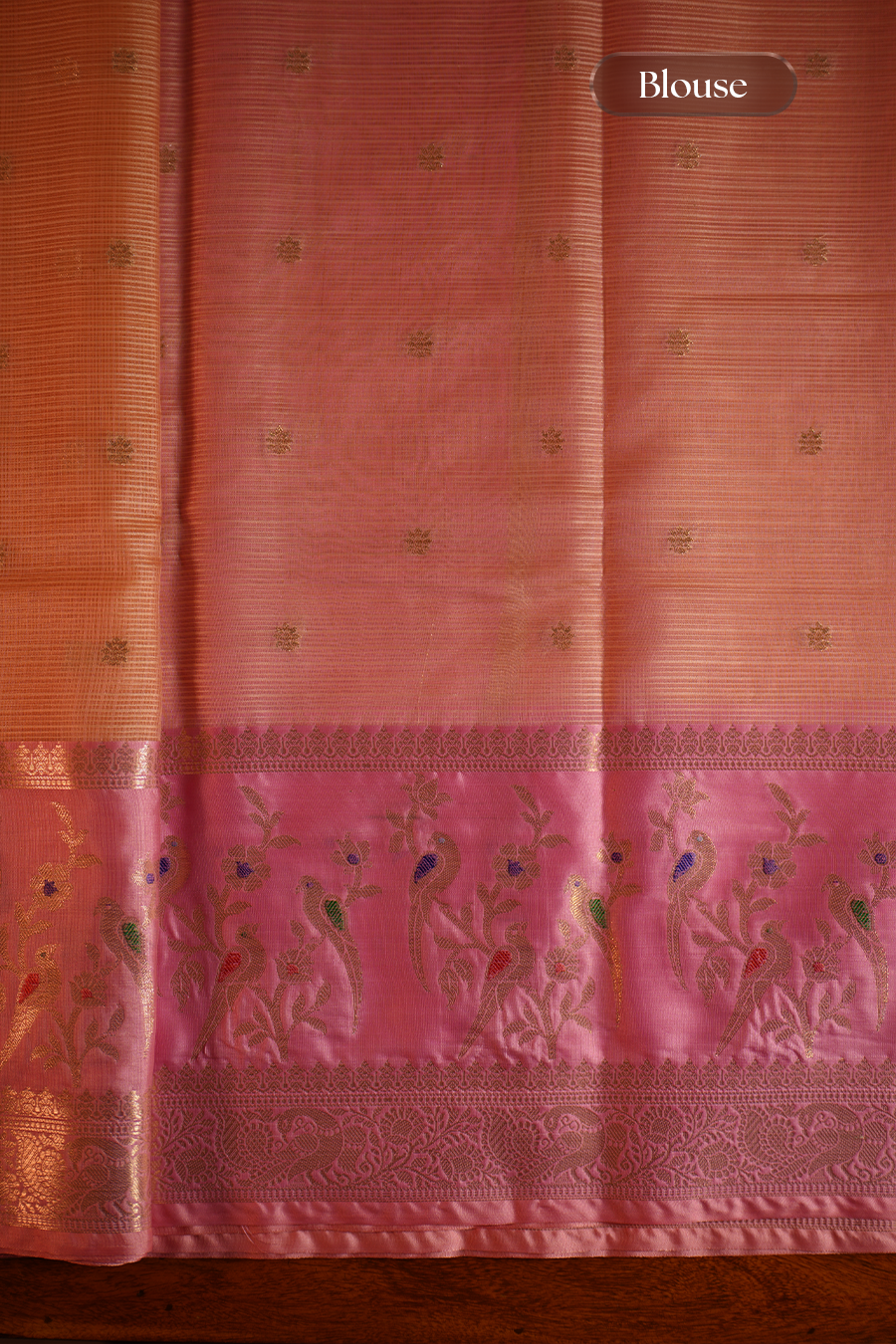 Peach Orange Manipuri Kota Saree - Birds & Flowers — view 6
