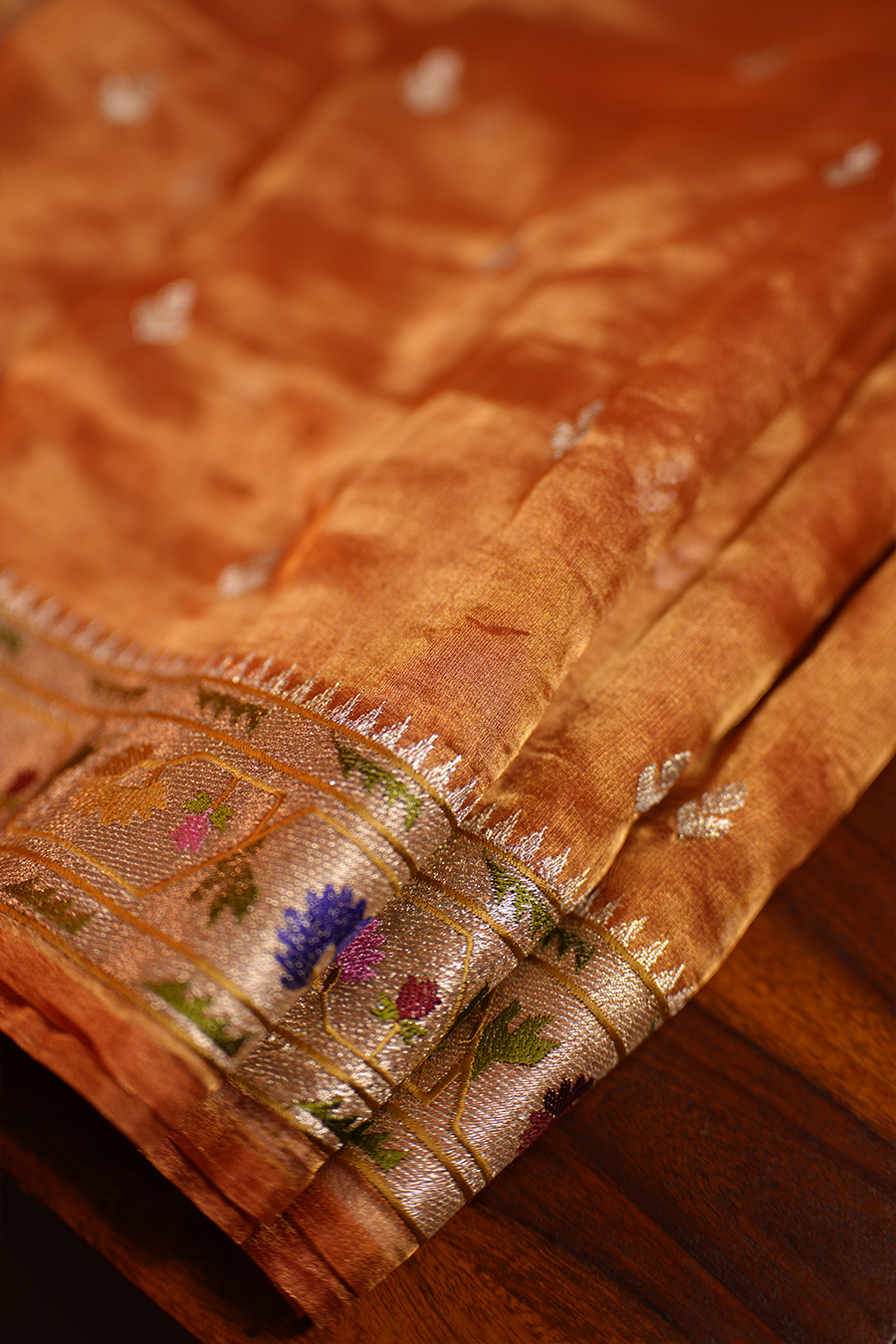 Copper Orange Pure Tissue Silk Saree — view 3
