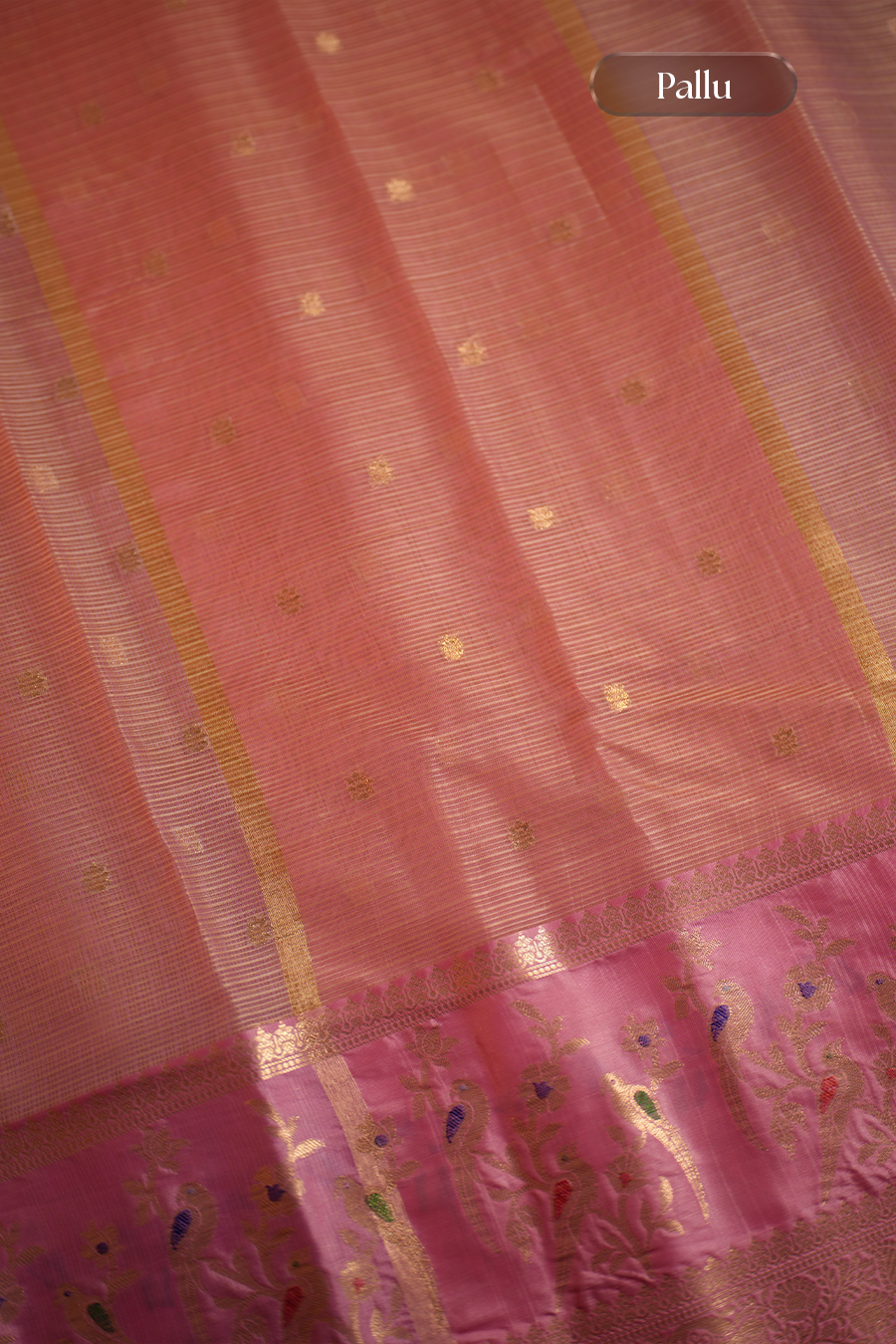 Pink Manipuri Kota Saree – Birds & Flowers — view 7